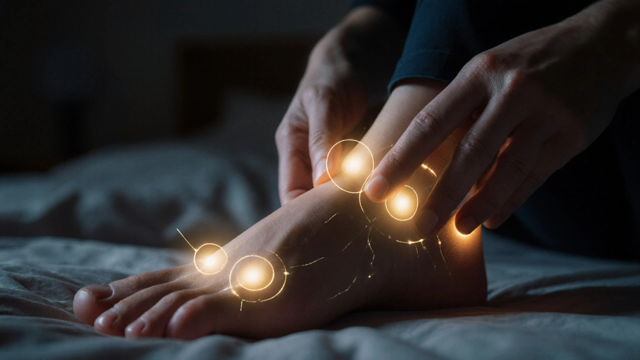 Detail chodidla s označenými třemi klíčovými body pro reflexní masáž a jemným tlakem prstu.