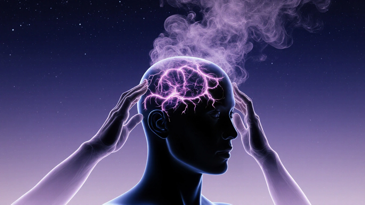 Abstraktní vizualizace proudů krve a endorfinů po masáži hlavy s levandulovým kouřem.