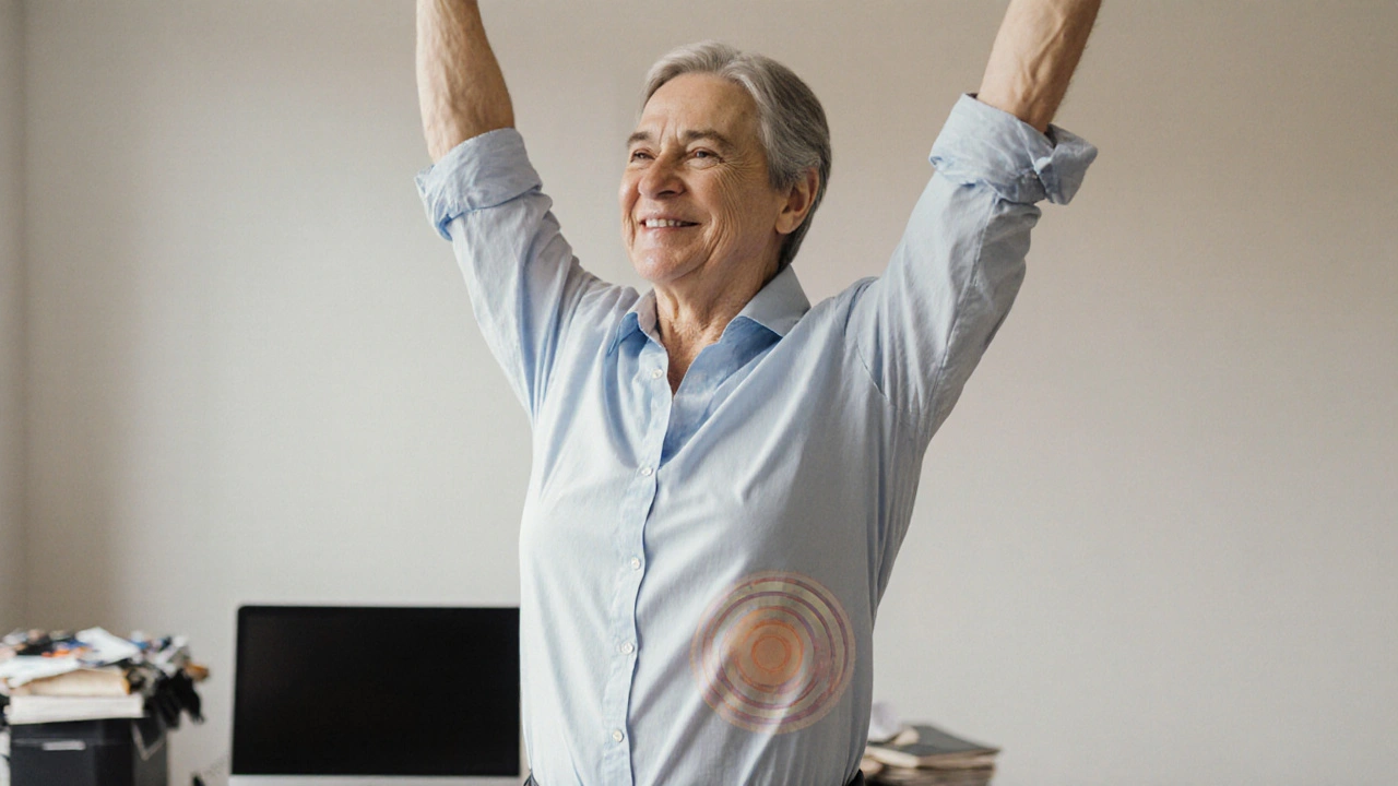 Muž s uvolněnou postavou po seanci vakuoterapie, s lehkými otisky na zádech.