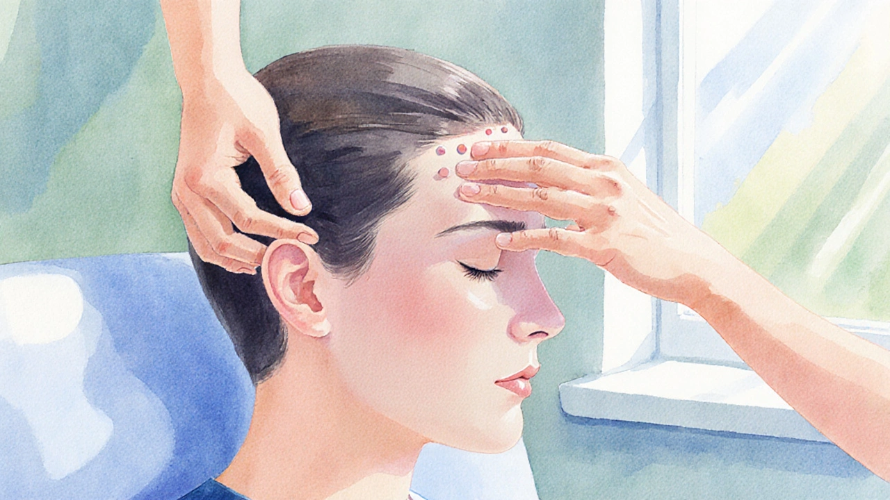 Postupná masáž hlavy: kruhové pohyby na temeni, linie od spánků k zadní části hlavy.