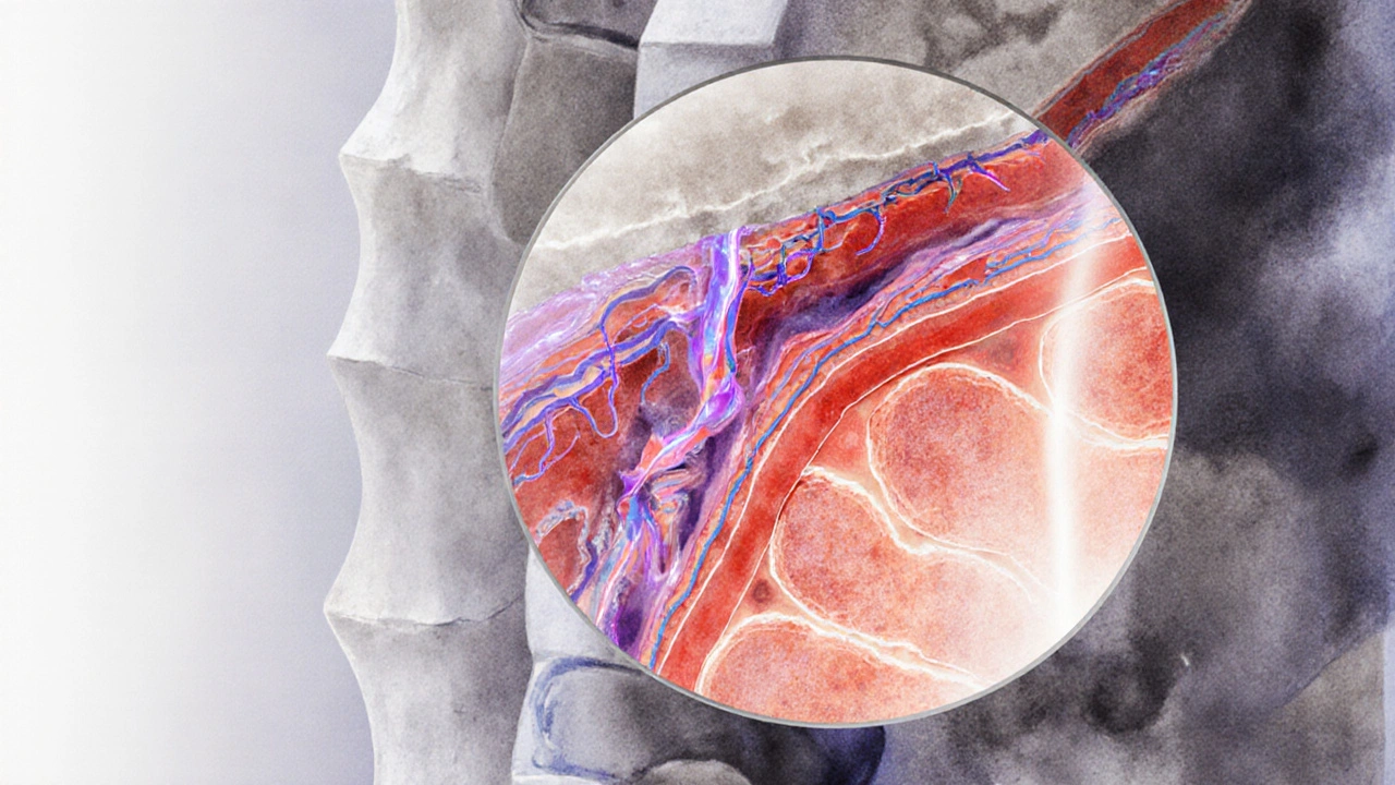 Vnitřní pohled na tkáně záda během vakuoterapie: rozšířené kapiláry a uvolněné fascie.