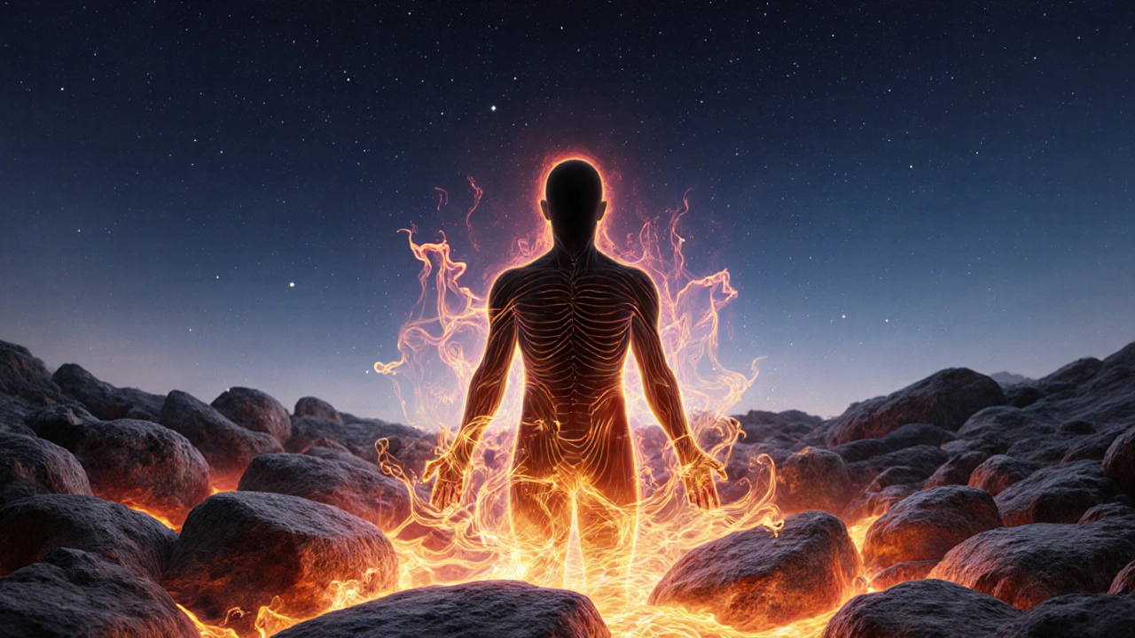 Abstraktní obraz těla procházejícího přechodem ze stresu do klidu pomocí tepla lávových kamenů.