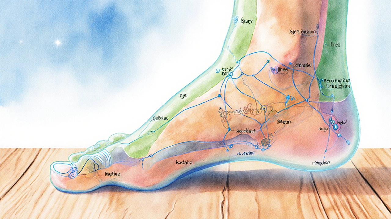 Abstraktní vodová barvou vykreslená mapa reflexních zón na chodidle.