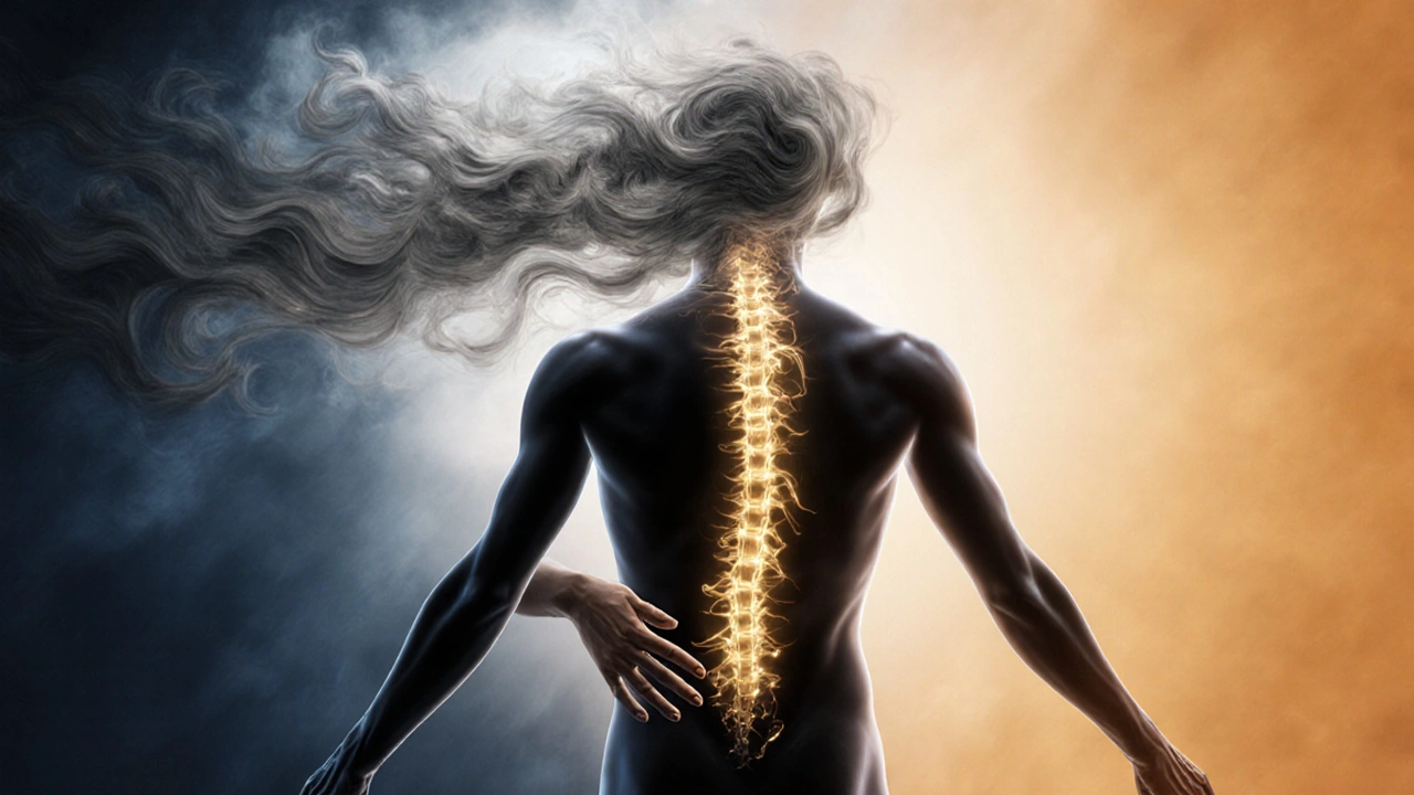 Abstraktní znázornění přechodu těla ze stresu do klidu, kdy temné energie mizí v zlatých vlnách doteku.