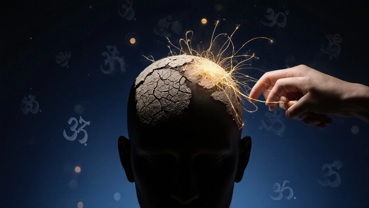 Abstraktní znázornění zablokovaných energetických bodů v hlavě s proudy energie.