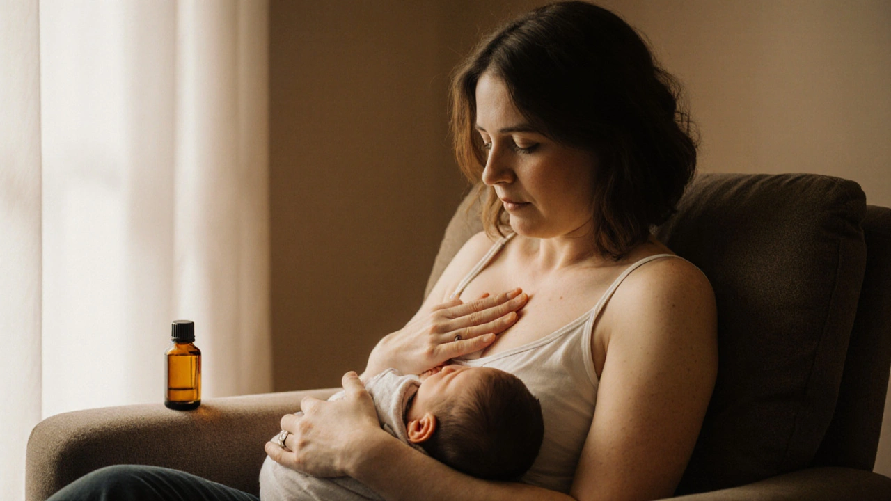 Kojící matka masíruje prsa a krk zatímco drží novorozence.