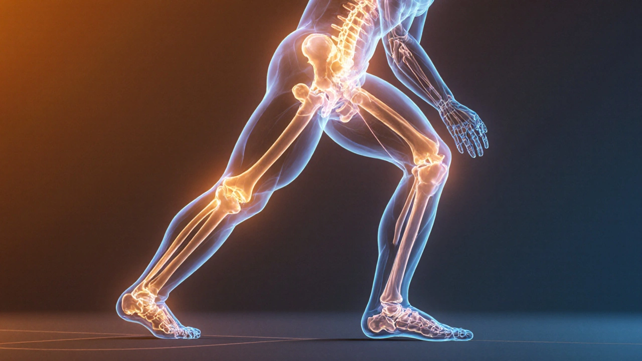 Kresba těla s vnitřními čarami ukazujícími nesprávné zarovnání nohou, kolenních kloubů a páteře.