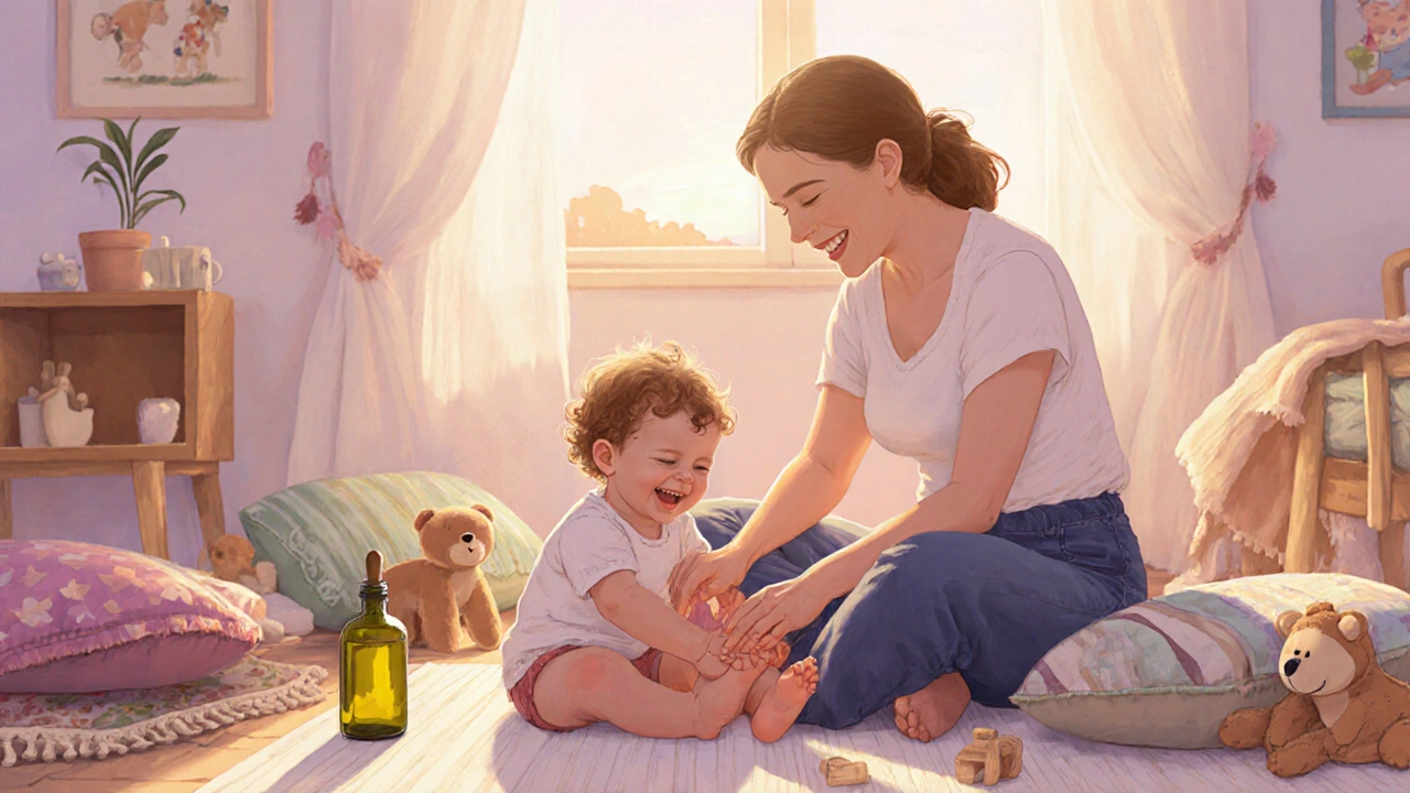 Maminka a dítě si vzájemně masírují ruce a nožky v klidné hříčce.