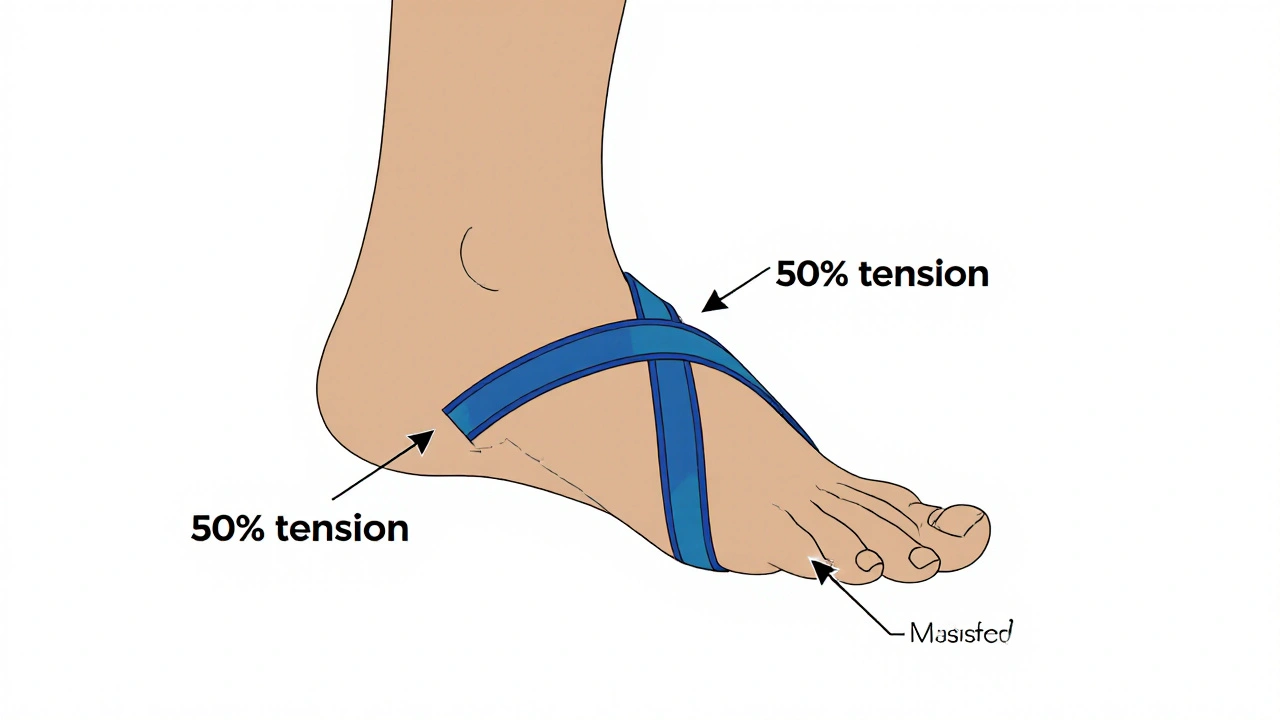 Schéma dvou pruhů tejpů tvořících X na plošině chodidla s indikací natažení.