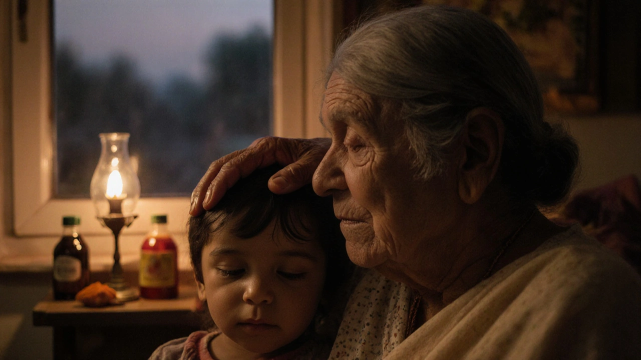 Stará žena a dítě společně obdrží jemnou masáž hlavy v klidném prostředí.