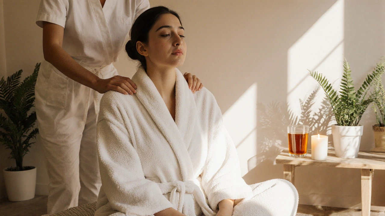 Terapeut jemně masíruje ramena klienta v klidném centru v Brně, kolem nich tichá, klidná atmosféra.