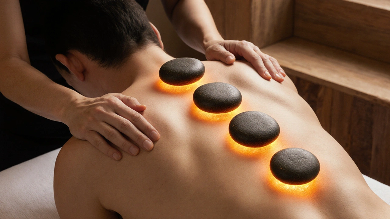 Terapeut pomalu přesouvá horké lávové kameny po zádech pacienta v klidné prostředí.