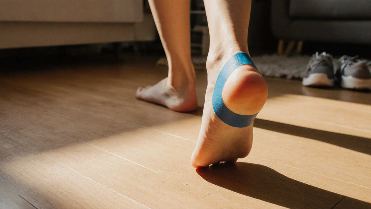 Žena chodí bez bot, s tejpem na chodidle, cítí úlevu od bolesti.