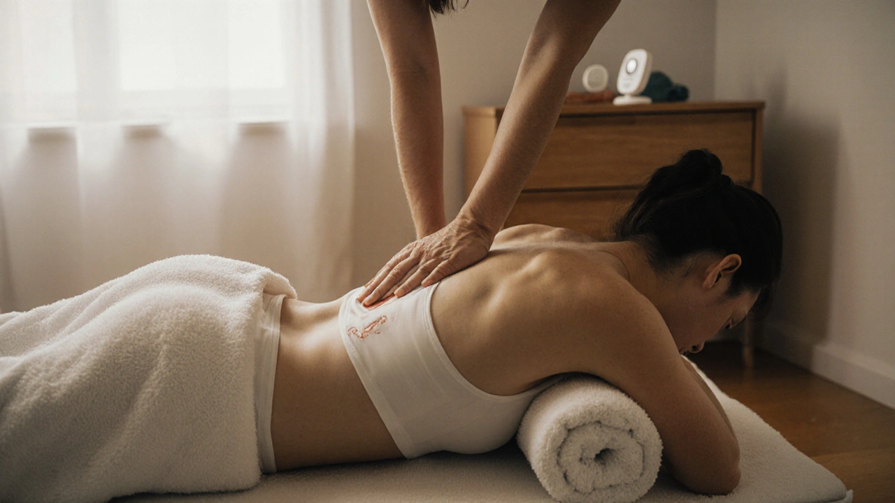 Žena dostává jemnou masáž dolních zad po porodu na podložce.