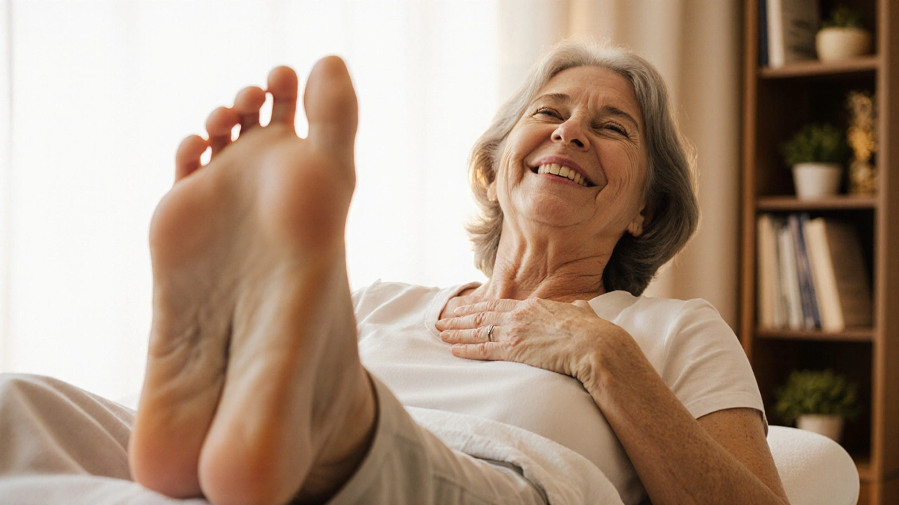 Žena klidně odpočívá po reflexní masáži, s mírným úsměvem a úlevou na obličeji.