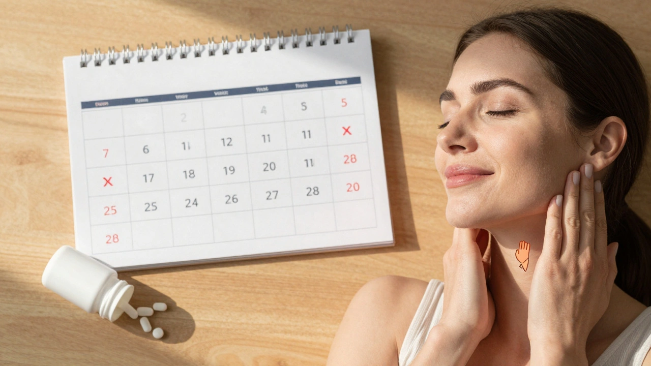 Kalendář s postupně mizícími bolestivými dny a rukama provádějícími masáž, symbolizující úlevu bez léků.