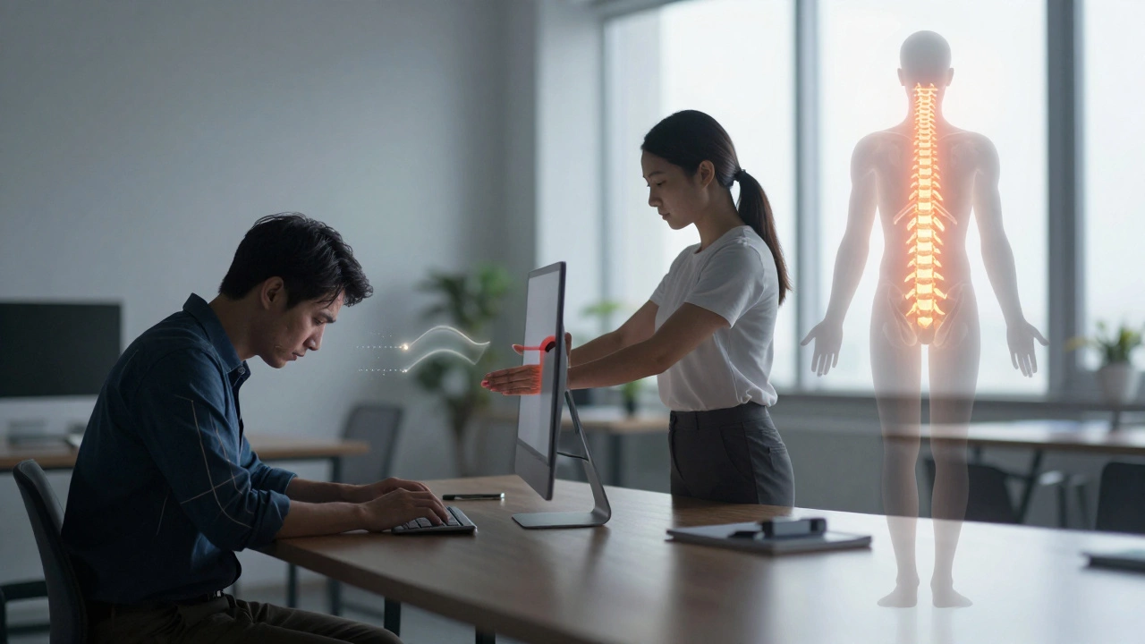 Postava přecházející ze sedění s bolestí k zdravému postoji díky masáži.