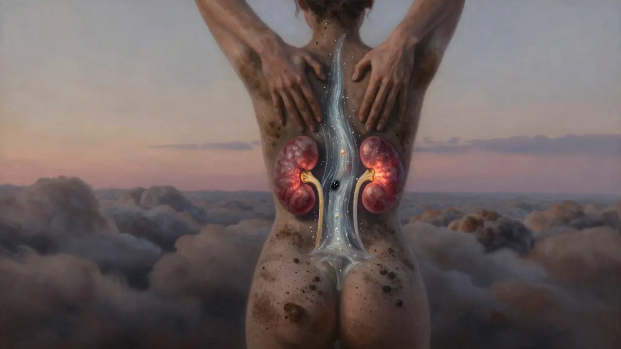 Tělo jako krajina s odpadními látkami odváděnými masáží.