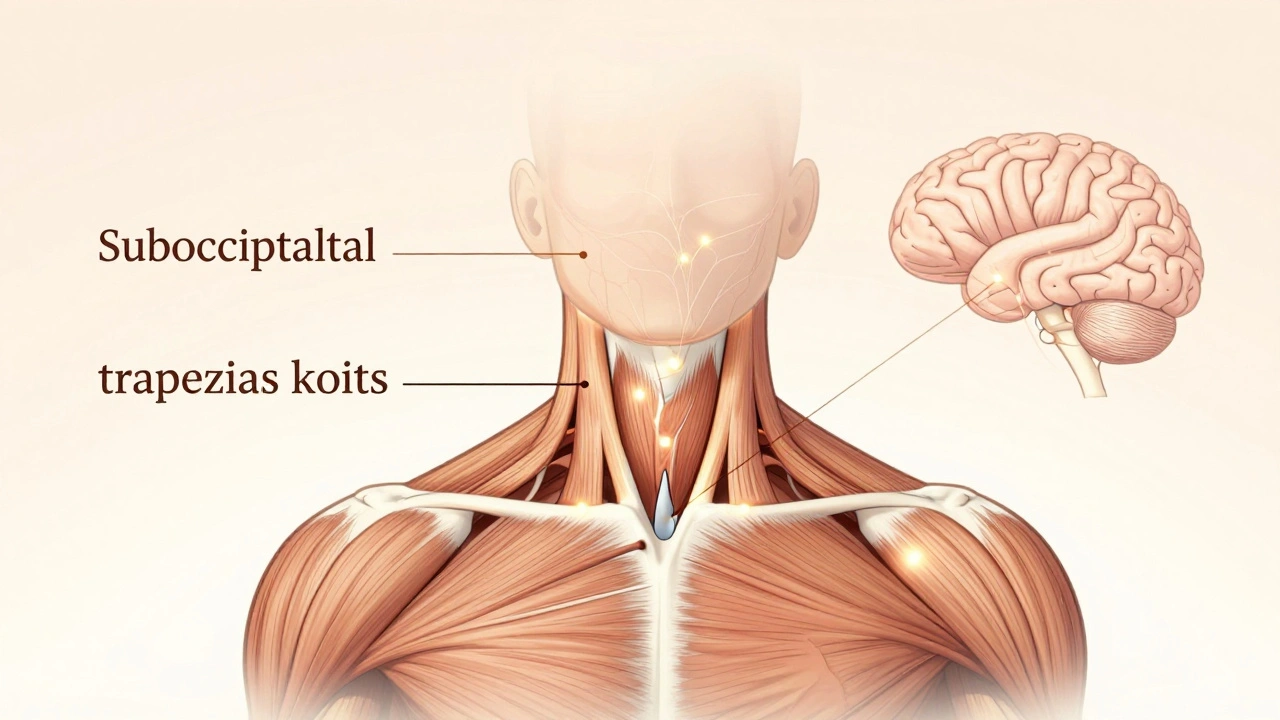 Ukázka klíčových bodů napětí na krku a čelisti s jemně zářícími body a nervovými cestami.