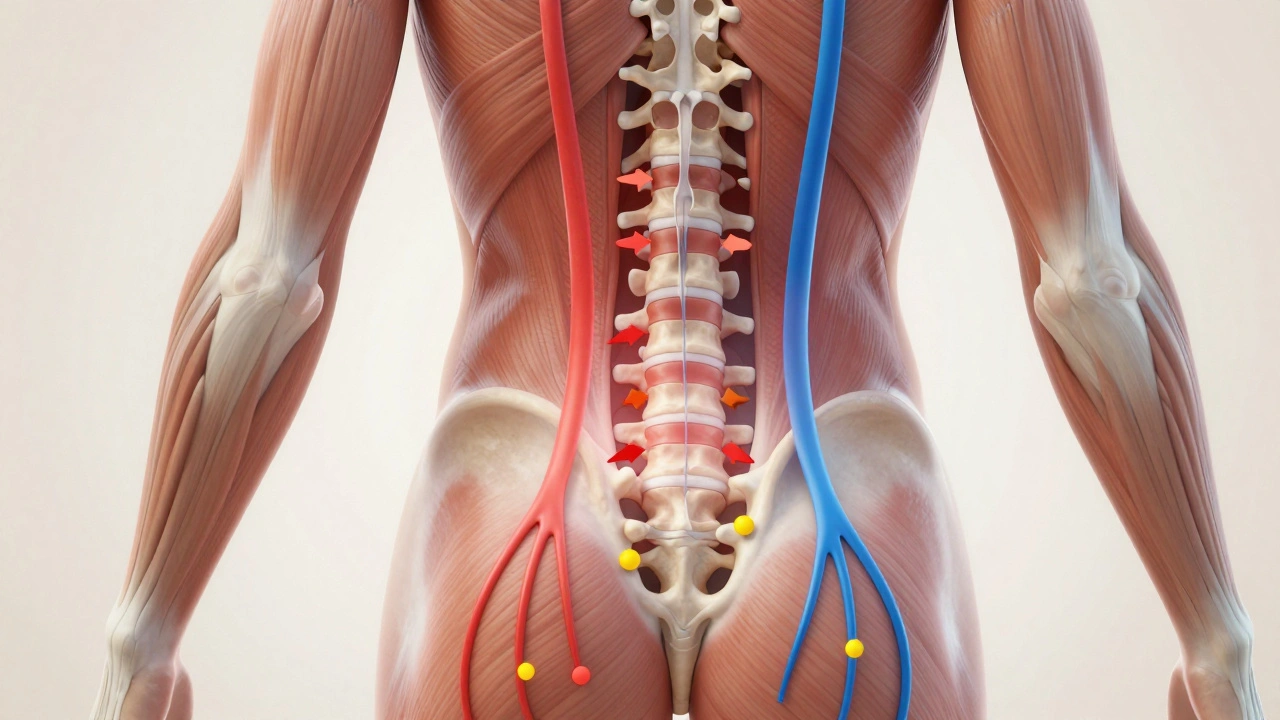 Vnitřní anatomie páteře s vyznačenými myofasciálními body a krevním oběhem.