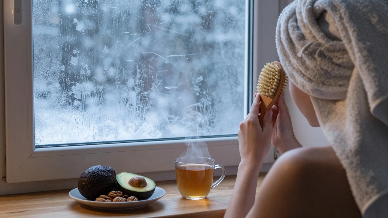 Zimní scéna s osobou používající přírodní kartáček na kůži hlavy vedle zdravých potravin.