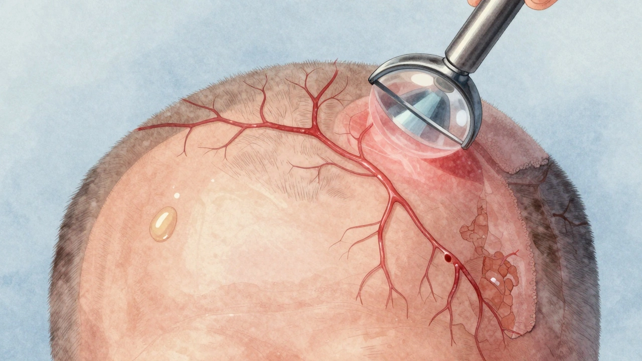Zvětšený pohled na kůži hlavy s viditelnými přirozenými oleji a suchými oblastmi.