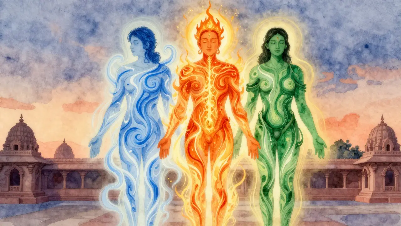 Abstraktní vodové kresby tří energetických typů těla – Vata, Pitta a Kapha – plynoucích po lidském těle.