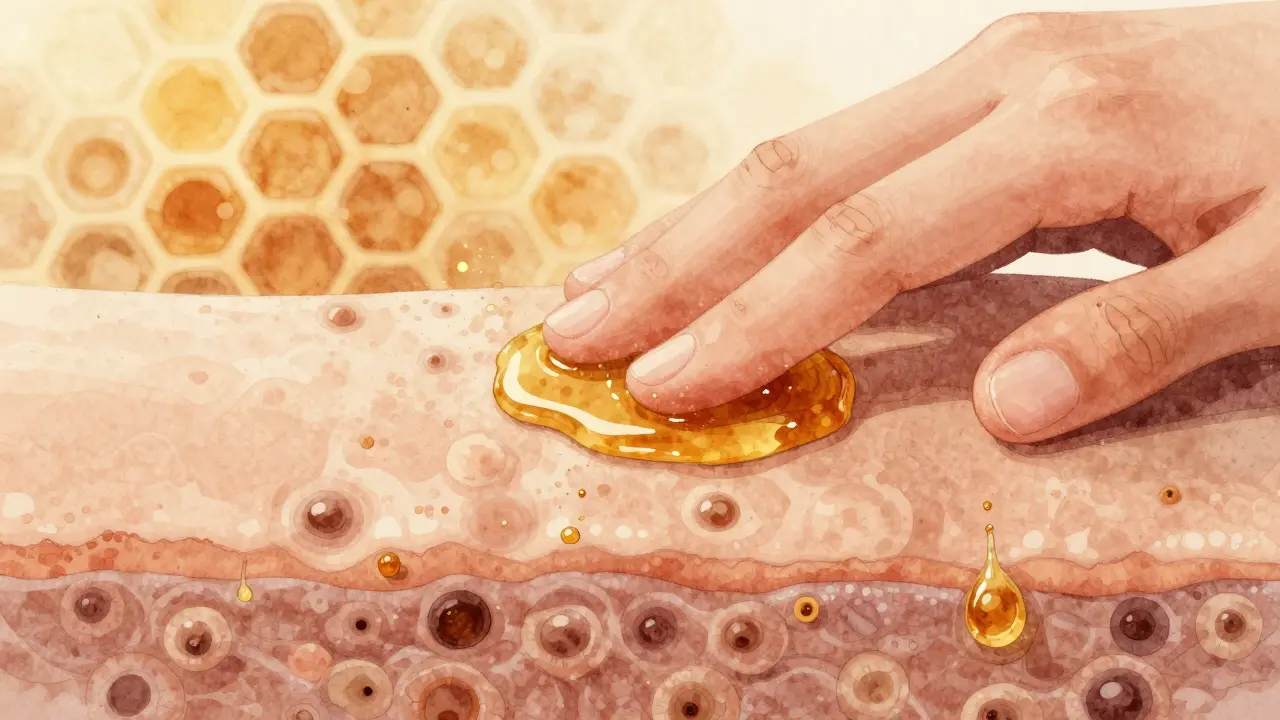 Detail kůže během medové masáže, kde mrtvé buňky odstraňuje med, zdravé buňky se objevují pod nimi.