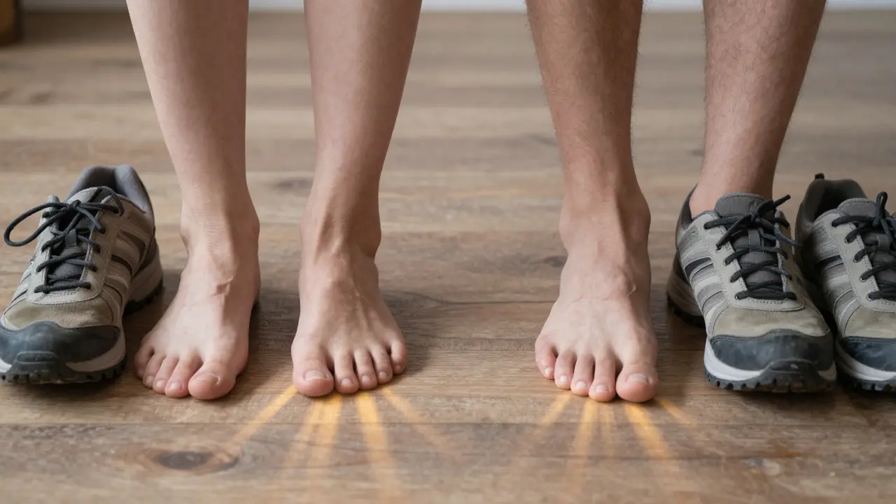 Dvě páry bot na podlaze — jedna nevyrovnaná, druhá vyrovnaná, symbolizující obnovu rovnováhy těla.