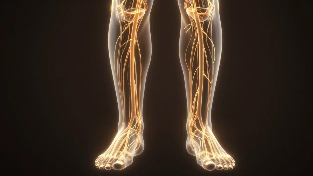 Glowing lymfatický systém s prouděním tekutiny od končetin k uzlinám.