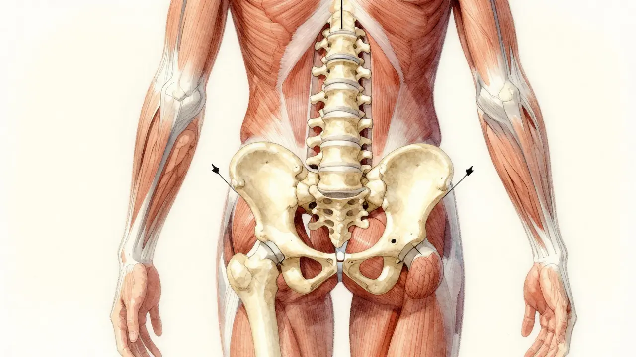 Ilustrace páteře a pánve s jemnými šipkami ukazujícími přirozené srovnání kyčlí.