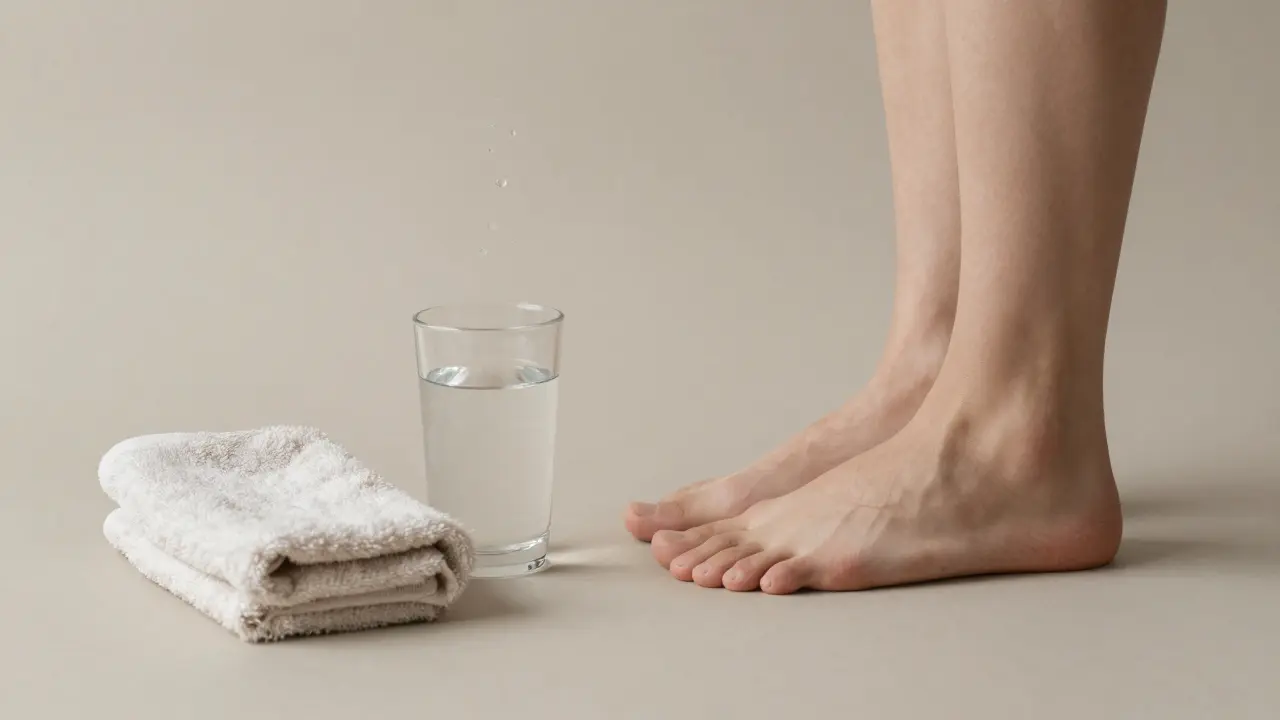 Nahé nohy, sklenice vody a ručník na klidném pozadí, symbolizující obnovu.