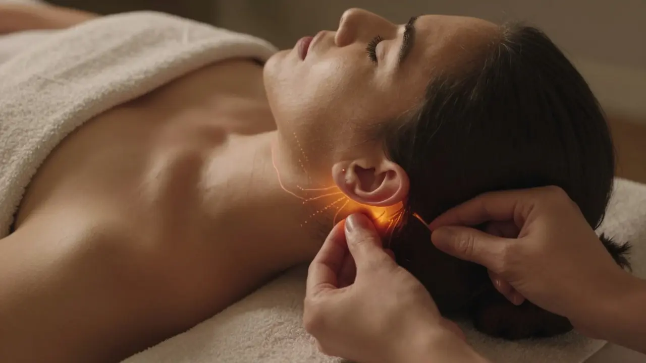 Osoba jemně táhne kůži na spodní části hlavy pro uvolnění nervu.