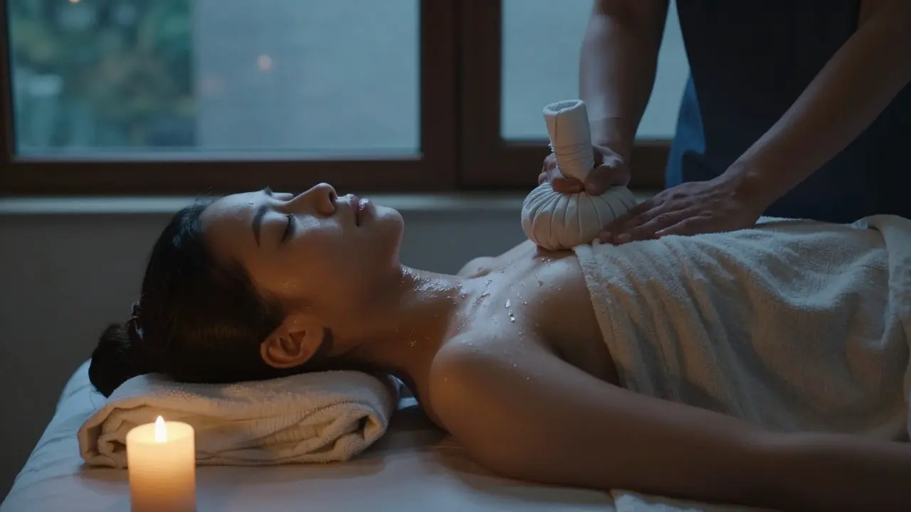 Osoba po ayurvédské masáži odpočívá v klidu, kůže září olejem, teplá komprese na zádech.