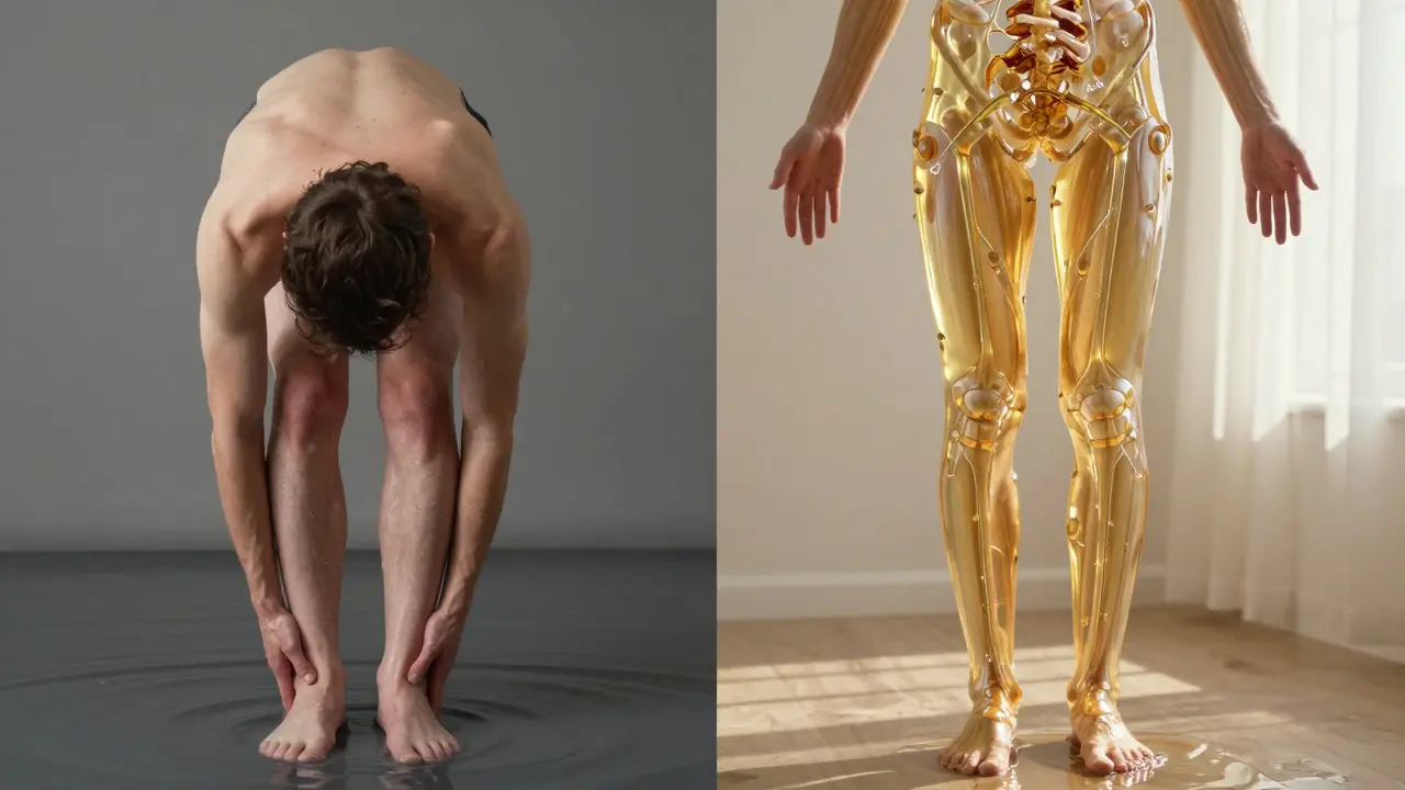 Před a po: tělo s blokovanými tekutinami naproti tělu s volně proudícími tekutinami po masáži.