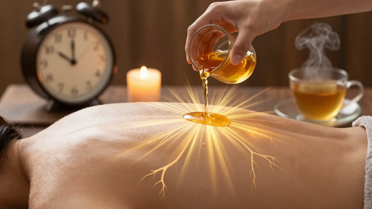 Ruce nalévající teplý bylinný olej na záda, s zlatými paprsky symbolizujícími obnovu energie.
