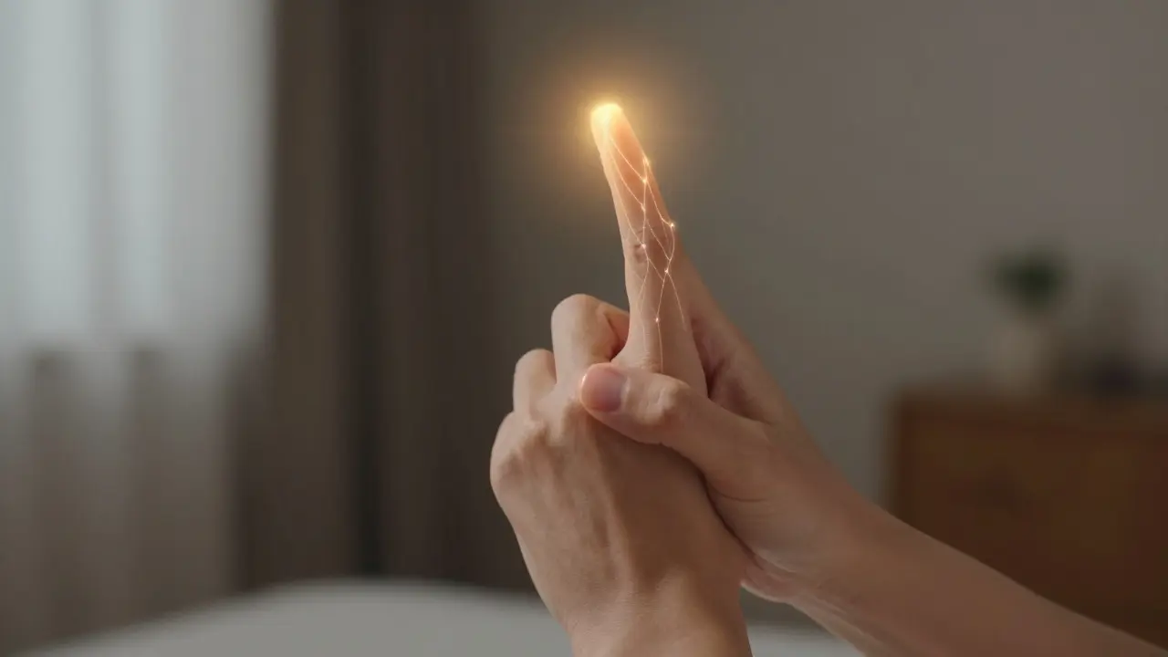 Ruka provádí akupresuru mezi palcem a ukazováčkem pro úlevu od migrény.