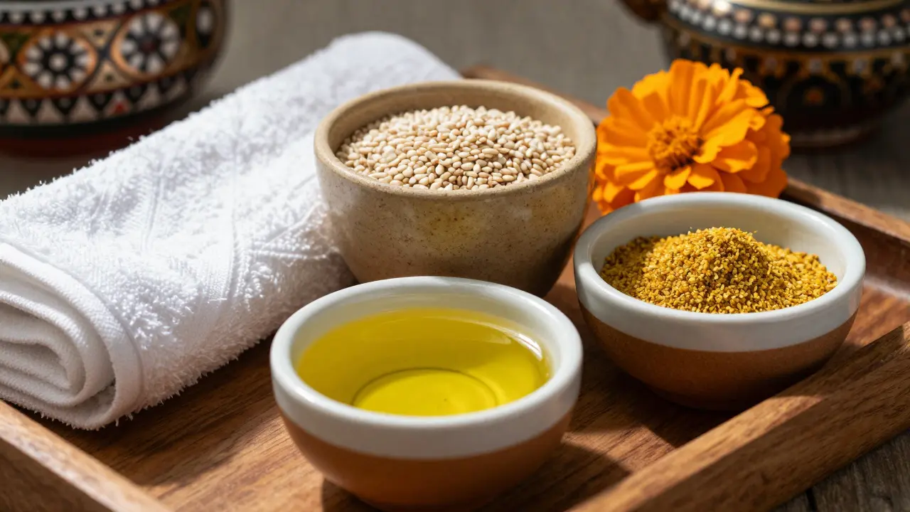 Tři přírodní ayurvédské oleje v keramických nádobkách na dřevěném podnosu s sušenými bylinkami.