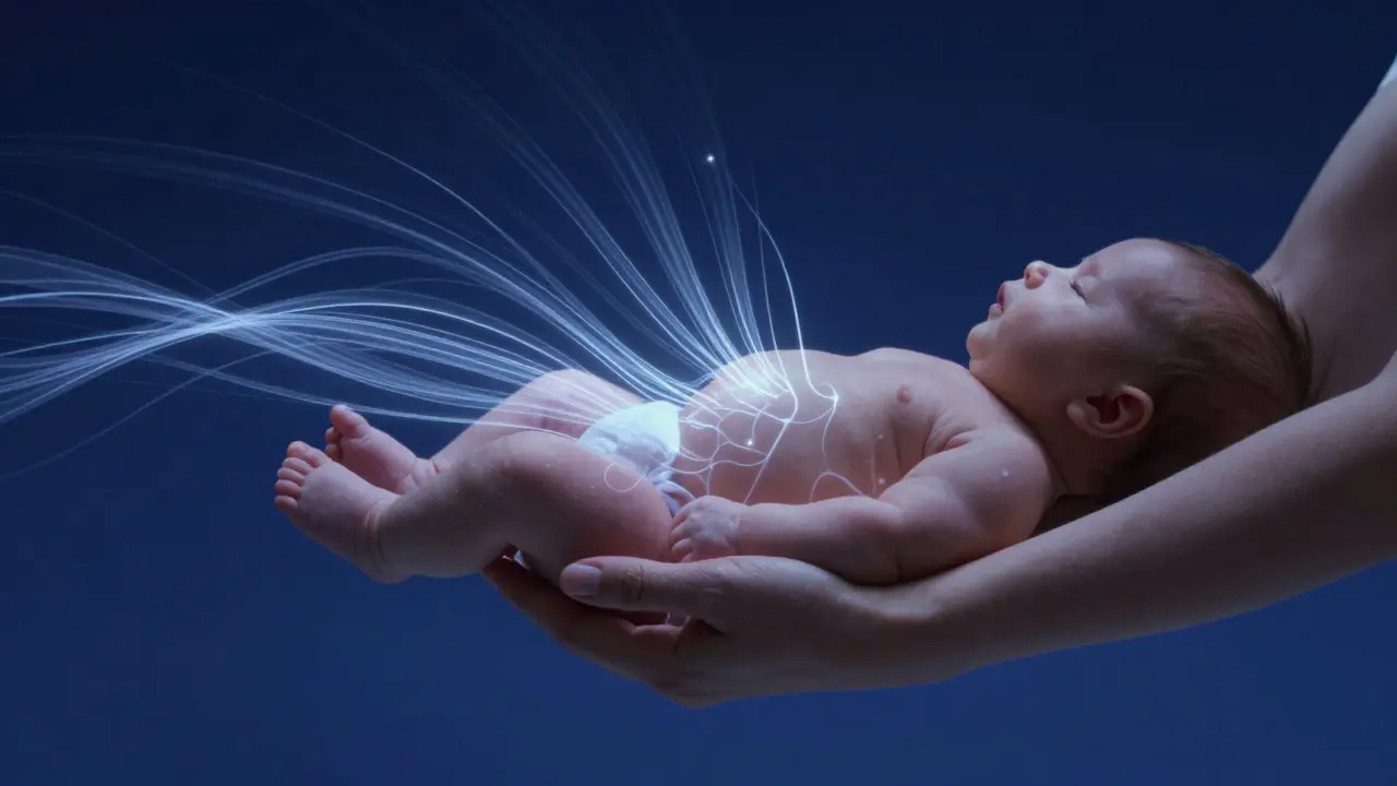 Dítě v náručí rodiče, s jemnými světelnými čarami symbolizujícími vazbu a dotyk.