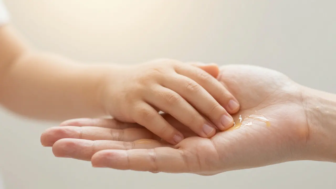 Dítěti se dotýkají rodičovy ruce, zobrazena jako teplý zlatý světelný průběh v kůži.