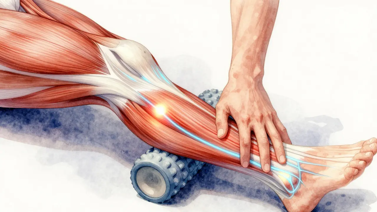 Ilustrace lýtkového svalu s označenými napěťovými body a tlakem masažního válce.