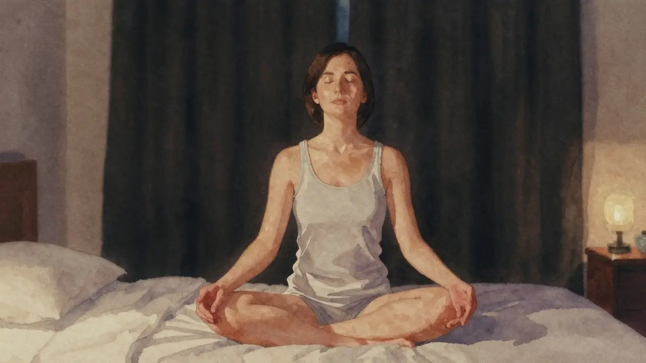 Osoba dělá hluboké dýchání v temné spále bez elektroniky.