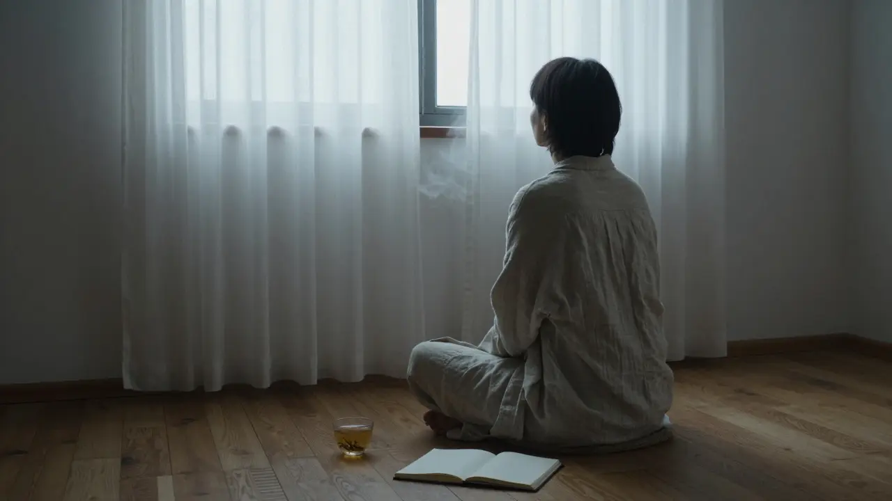 Osoba sedí v róži, dívá se do rána, když světlo proniká přes záclony — klid po sezení.