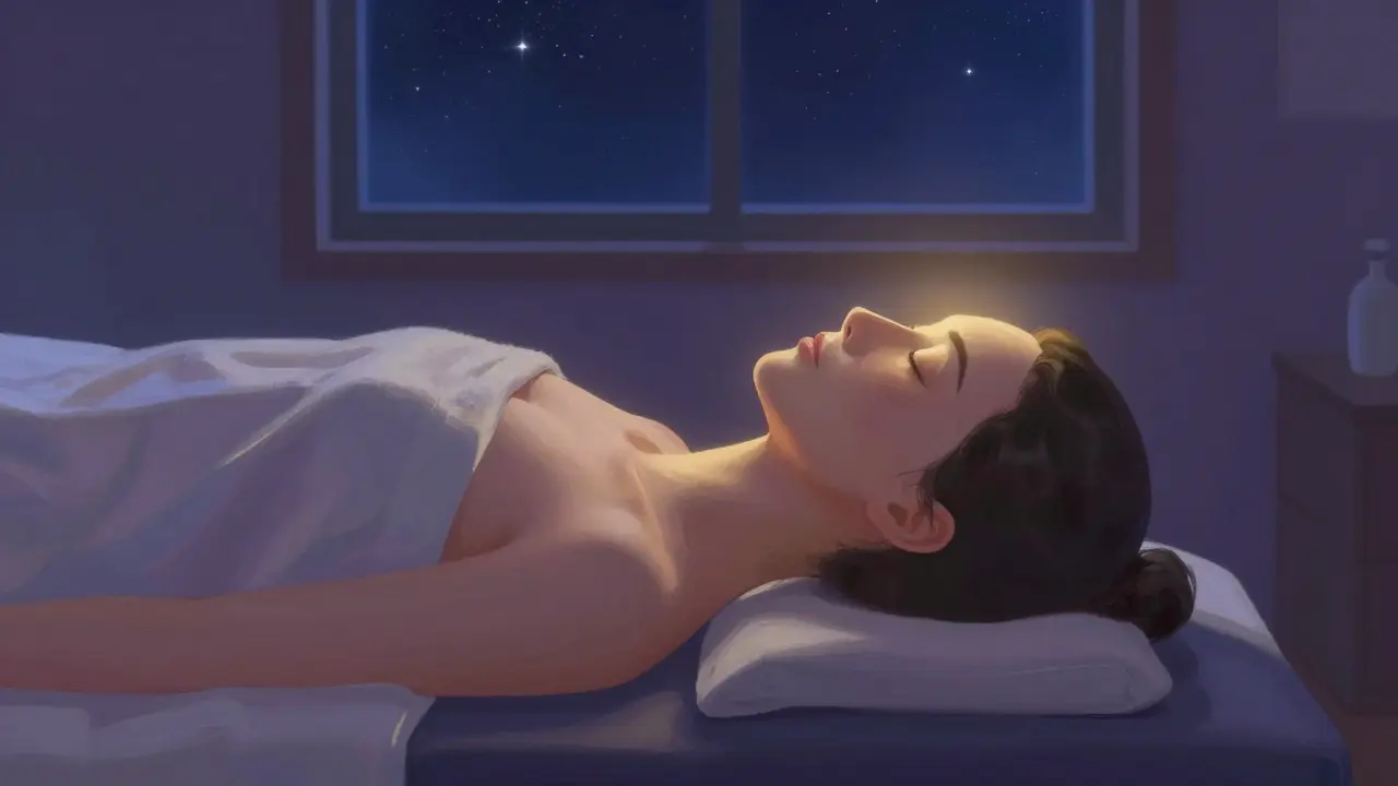 Relaxovaná osoba s mírným zářením kolem hlavy v tmavé místnosti s oknem na hvězdnou oblohu.