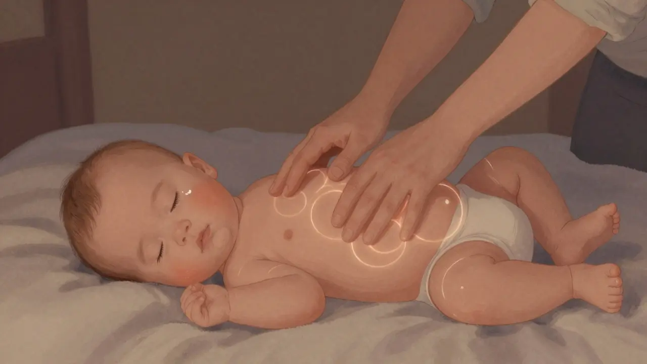 Rodič masíruje bříško dítěte po směru hodinových ručiček v klidném prostředí.