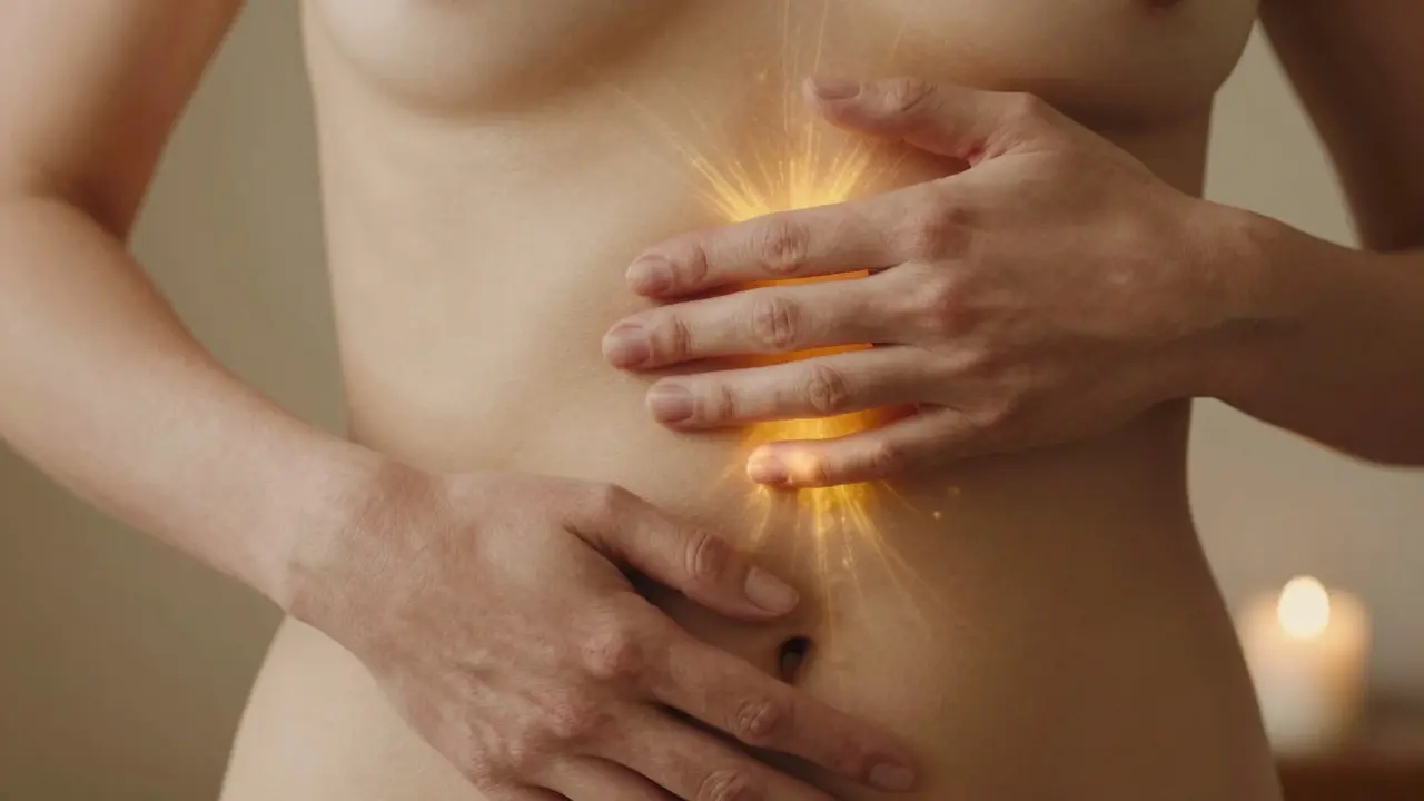 Ruce se pomalu blíží k pánvi a srdci, zlatý světlo symbolizuje energetický tok bez fyzického kontaktu.