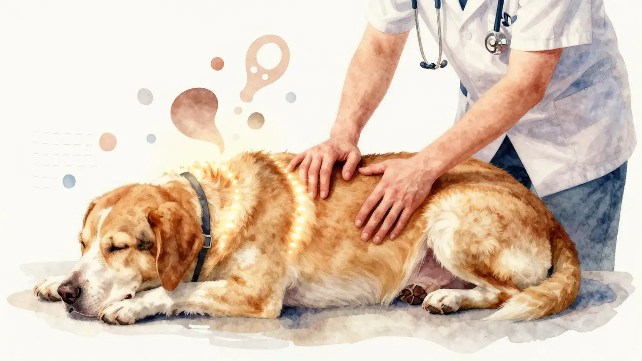 Terapeut pomocí Dornovy metody jemně upravuje páteř a kyčel u klidného psa.
