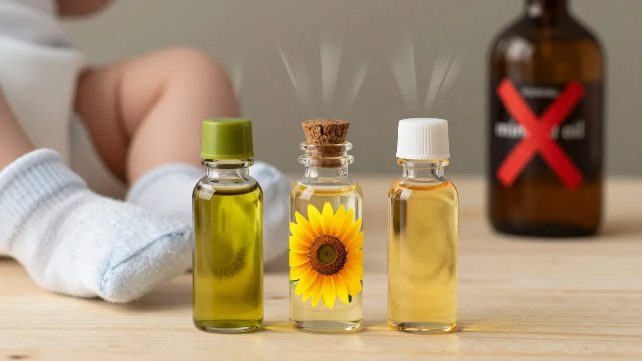 Tři bezpečné oleje pro děti vedle zakázaného minerálního oleje s červeným křížem.