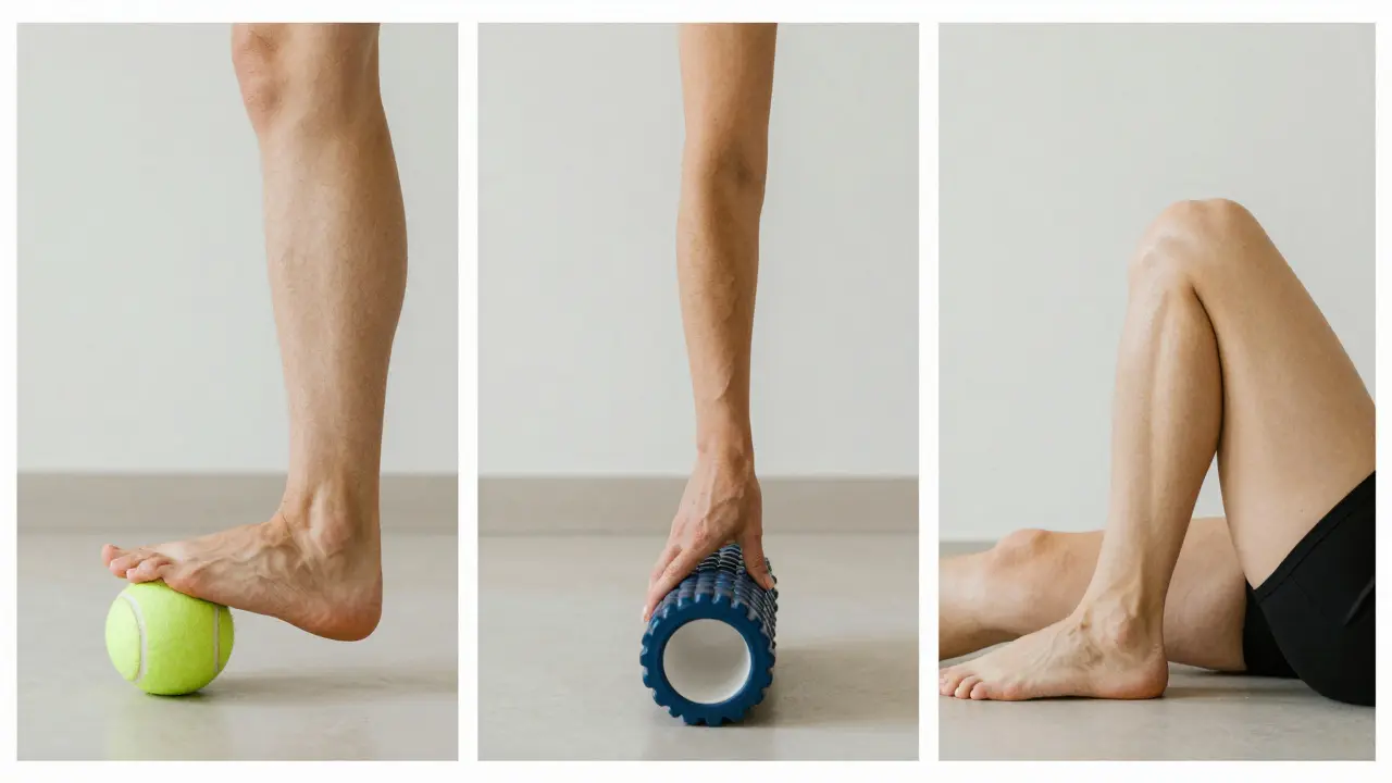 Tři kroky uvolnění lýtek: míček, váleček a natáhnutí.