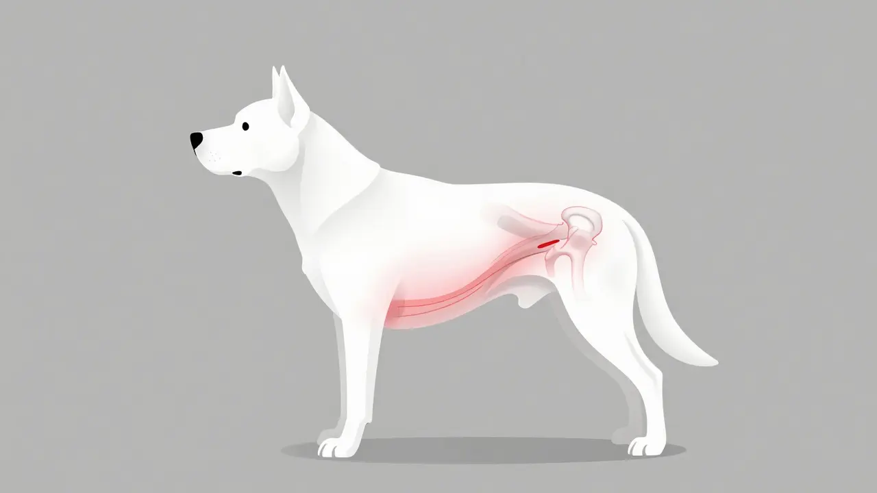 Tvrdoškost břicha u psa znázorněna jako napjaté svaly a vychýlená páteř, bez přímé bolesti.